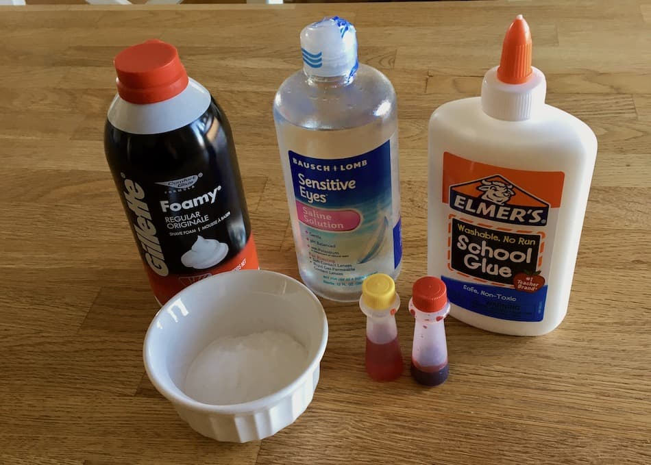 shaving cream saline and glue used to make slime