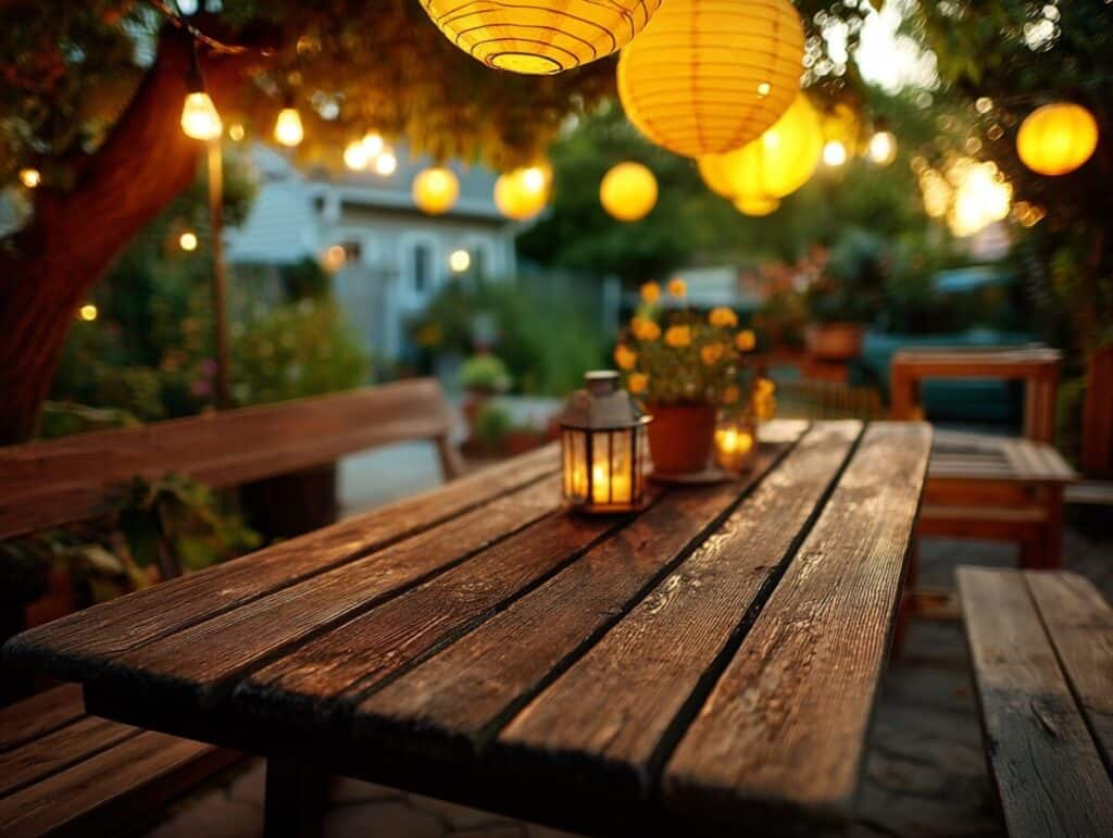 closeup photo of a picnic table under party lights