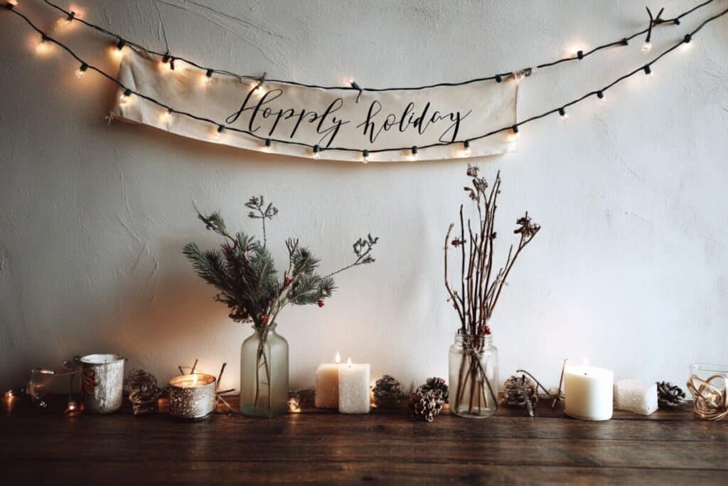 simple holiday decor flat lay, warm fairy lights glowing softly, rustic banner with festive text hanging above, small vase with fresh flowers
