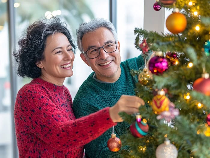 Empty nesters decorating minimalist holiday tree