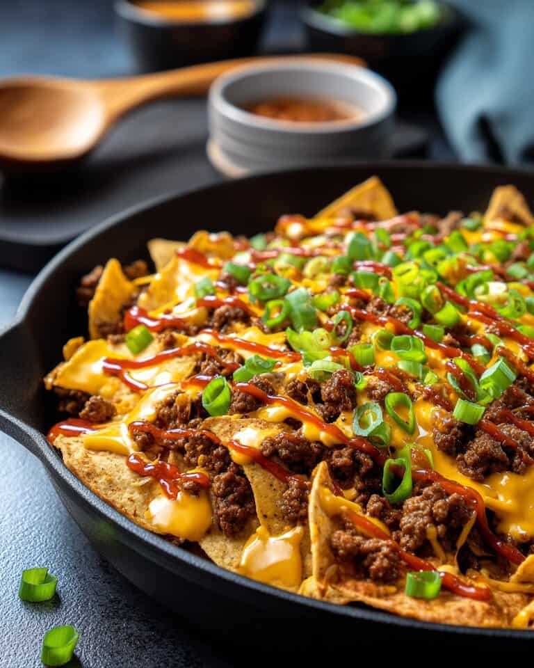 a cast iron pan of nachos with groune beef and cheese sauce