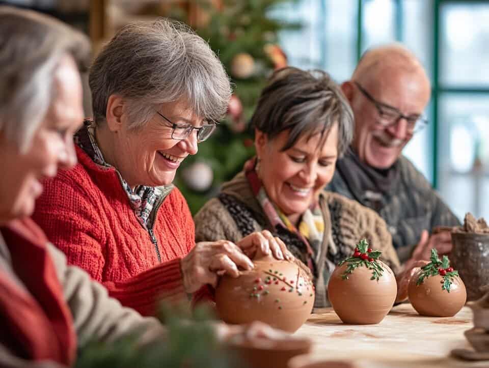 Empty nesters crafting holiday ornaments in pottery class


